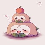  bird blush closed_eyes commentary_request facing_viewer food fruit gen_7_pokemon heart kagami_mochi looking_at_viewer mandarin_orange muuran new_year open_mouth owl pokemon pokemon_(creature) rowlet signature translated 