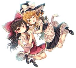  2girls :o ;d absurdres apron ascot black_footwear black_hair blonde_hair blouse blush bobby_socks bow bowtie braid detached_sleeves dutch_angle fang glowing hair_bow hair_tubes hakurei_reimu hand_holding hat high_heels highres interlocked_fingers jumping kirisame_marisa large_bow long_hair looking_at_viewer multiple_girls one_eye_closed open_mouth puffy_short_sleeves puffy_sleeves red_eyes seika_okawari shoes short_sleeves side_braid single_braid skirt skirt_set smile socks touhou vest waist_apron wavy_hair white_background white_legwear witch_hat wrist_cuffs yellow_eyes yellow_neckwear 