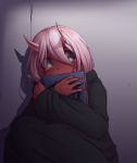  1girl black_cloak blue_eyes book cloak commentary covered_mouth crying crying_with_eyes_open dark_skin darling_in_the_franxx fingernails hair_between_eyes hater_(hatater) head_tilt holding holding_book horns knees_up long_sleeves looking_to_the_side nail_polish pink_hair red_nails shadow sharp_fingernails short_hair sitting solo tears wide_sleeves zero_two_(darling_in_the_franxx) 