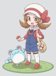  1girl :d bag blush bow breasts bright_pupils brown_eyes brown_hair cabbie_hat chibi collarbone eyebrows full_body gen_2_pokemon grass handbag hat hat_bow highres holding holding_poke_ball kotone_(pokemon) legs_apart long_hair long_sleeves marill nazonazo_(nazonazot) open_mouth overalls pocket poke_ball poke_ball_(generic) pokegear pokemon pokemon_(creature) pokemon_(game) pokemon_hgss red_bow red_footwear red_shirt shadow shirt shoes silver_background simple_background small_breasts smile solo standing thigh-highs tongue twintails white_hat white_legwear white_pupils zettai_ryouiki 