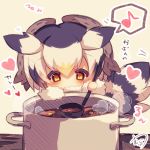  1girl bangs black_hair blush chibi cooking covered_mouth eighth_note eyebrows_visible_through_hair fur-trimmed_sleeves fur_collar fur_trim hair_between_eyes head_wings heart holding kemono_friends ladle long_sleeves multicolored_hair musical_note muuran northern_white-faced_owl_(kemono_friends) orange_eyes orange_hair pot signature silver_hair solo spoken_musical_note steam stew translation_request 