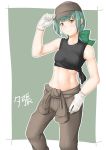  1girl bangs baseball_cap blunt_bangs bow casual commentary_request crop_top gloves green_eyes green_hair hair_bow hand_on_headwear hand_on_hip hat highres kantai_collection looking_at_viewer low_ponytail navel niwatazumi overalls sidelocks smile solo translation_request yuubari_(kantai_collection) 