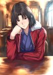  1girl black_eyes black_hair blurry bored depth_of_field fur_collar fur_trim hand_on_own_face highres jacket japanese_clothes kara_no_kyoukai kimono looking_at_viewer makimura_shunsuke medium_hair open_clothes open_jacket red_jacket restaurant ryougi_shiki sitting solo unzipped upper_body window 