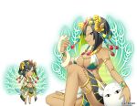  1girl aki_no_jikan armlet arms_at_sides bare_shoulders black_hair bracelet breasts cleavage dark_skin eyeshadow facepaint green_eyes hair_ornament jewelry leglet looking_at_viewer makeup maru-kichi medium_breasts multiple_views navel official_art sitting smile snake snake_hair_ornament standing watermark 