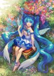  1girl barefoot blue_bow blue_eyes blue_flower blue_hair blue_skirt blue_wings bow breasts cleavage detached_sleeves eyebrows_visible_through_hair feathered_wings floating_hair flower from_above full_body hair_between_eyes hair_flower hair_ornament hatsune_miku highres long_hair looking_at_viewer miniskirt open_mouth outdoors raymond_busujima see-through sitting skirt small_breasts solo twintails very_long_hair vocaloid wings 