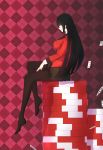  absurdres airdoor bangs black_hair black_legwear blunt_bangs breasts brown_skirt card from_side full_body grin highres jabami_yumeko jacket kakegurui large_breasts leg_up long_hair long_sleeves looking_at_viewer looking_to_the_side no_shoes oversized_object pantyhose parted_lips pink_eyes plaid plaid_background plaid_skirt playing_card poker_chip profile red_jacket shiny shiny_hair side_glance sidelocks sitting skirt smile straight_hair teeth very_long_hair 