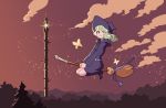  1girl broom broom_riding diana_cavendish fireflies flying forest highres imjayu little_witch_academia nature night night_sky sky solo tower 