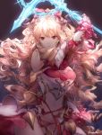  1girl armor bare_shoulders bikini_bottom blonde_hair breasts cleavage commentary elbow_gloves frown gauntlets gloves granblue_fantasy hair_ribbon highres horns long_hair medium_breasts michudx navel red_eyes ribbon solo torn_clothes vira_lilie wavy_hair 