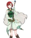  1girl artist_request blush cape dress elbow_gloves fire_emblem fire_emblem:_rekka_no_ken fire_emblem_heroes gloves green_eyes green_hair looking_at_viewer priscilla_(fire_emblem) redhead short_hair smile solo staff 