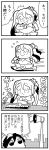 1boy 1girl 4koma :o asymmetrical_hair bangs bkub caligula_(game) chair city comic commentary_request crown elbow_gloves eyebrows_visible_through_hair flying_sweatdrops gloves greyscale headset highres instrument looking_at_watch looking_up microphone mini_crown monochrome mu_(caligula) multicolored_hair musical_note protagonist_(caligula) running short_hair simple_background skirt speaker speech_bubble speed_lines swept_bangs talking translation_request twintails two-tone_hair watch white_background xylophone 
