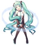  1girl :d ahoge aqua_eyes aqua_hair aqua_neckwear azit_(down) black_footwear black_skirt boots detached_sleeves eyebrows_visible_through_hair floating_hair full_body hair_ornament hand_on_own_knee hatsune_miku head_tilt highres invisible_chair long_hair looking_at_viewer miniskirt musical_note necktie open_mouth pleated_skirt shirt simple_background sitting skirt sleeveless sleeveless_shirt smile solo thigh-highs thigh_boots twintails very_long_hair vocaloid white_background white_shirt zettai_ryouiki 