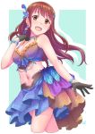  1girl :d black_gloves blush breasts brown_eyes brown_hair choker cleavage commentary feathers gloves hair_ornament highres idol_clothes idolmaster idolmaster_million_live! jewelry layered_skirt long_hair looking_at_viewer midriff navel open_mouth smile solo soujin stomach tanaka_kotoha thighs 