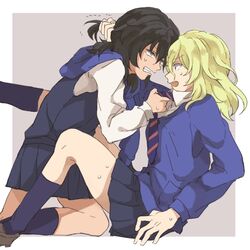  2girls alpachiiino andou_(girls_und_panzer) angry bangs bc_freedom_school_uniform black_hair black_legwear black_skirt black_vest blonde_hair blue_eyes blue_neckwear blue_sweater brown_footwear cardigan commentary dark_skin diagonal_stripes dress_shirt eyebrows_visible_through_hair fighting from_side frown girls_und_panzer grey_background grimace hair_grab kneehighs kneeling loafers long_sleeves looking_at_another medium_hair miniskirt multiple_girls necktie necktie_grab neckwear_grab open_mouth oshida_(girls_und_panzer) outside_border pleated_skirt red_neckwear school_uniform shirt shoes sitting skirt socks striped striped_neckwear sweat sweater sweater_around_neck trembling vest white_shirt wing_collar 