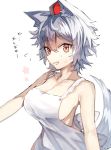  1girl animal_ears apron bare_arms bare_shoulders breasts cleavage collarbone commentary_request eyebrows_visible_through_hair fang hair_between_eyes hat highres inubashiri_momiji kasuka_(kusuki) large_breasts looking_at_viewer naked_apron open_mouth red_eyes short_hair sideboob silver_hair smile solo sweatdrop tail tokin_hat touhou translation_request upper_body white_apron wolf_ears wolf_tail 