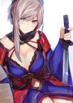  1girl asymmetrical_hair blue_eyes blue_kimono breasts cleavage detached_collar detached_sleeves earrings fate/grand_order fate_(series) hair_ornament highres holding holding_sword holding_weapon image_sample japanese_clothes jewelry katana kimono large_breasts miyamoto_musashi_(fate/grand_order) nanakaku navel_cutout obi ponytail sash short_kimono sitting sleeveless sleeveless_kimono smile sword twitter_sample unsheathed weapon wide_sleeves 