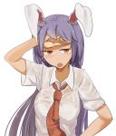  animal_ears breasts daitoutei half-closed_eyes hand_on_own_forehead long_hair medium_breasts necktie open_mouth orange_eyes purple_hair rabbit_ears reisen_udongein_inaba see-through shirt sweat sweatdrop sweating touhou upper_body wet wet_clothes white_shirt wiping_sweat 