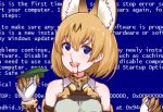  1girl :d animal_ears bare_shoulders blood blood_from_mouth blood_on_face blue_screen_of_death claws disco_brando empty_eyes eyebrows_visible_through_hair gloves hair_between_eyes holding kemono_friends looking_at_viewer open_mouth orange_hair round_teeth serval_(kemono_friends) serval_ears serval_print short_hair sleeveless smile solo teeth upper_body white_gloves 