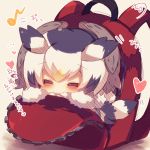  1girl =_= backpack bag bird_tail black_hair blush chibi closed_eyes eighth_note facing_viewer fur-trimmed_sleeves fur_collar fur_trim head_wings heart in_bag in_container kemono_friends multicolored_hair musical_note muuran northern_white-faced_owl_(kemono_friends) orange_hair signature solo translation_request white_hair 