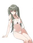  1girl aiko_(kanl) arm_support bikini braid breasts cleavage frill_trim green_hair hair_ornament hair_over_shoulder hairclip hand_up large_breasts long_hair navel original parted_lips red_eyes simple_background sitting solo swimsuit tsurime twin_braids twintails white_background white_bikini 