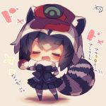  1girl :d animal_ears bangs black_bow black_footwear black_hair black_skirt blue_shirt blush bow chibi closed_eyes common_raccoon_(kemono_friends) eyebrows_visible_through_hair facing_viewer fang flat_cap fur_collar grey_legwear hair_between_eyes hat holding holding_poke_ball kemono_friends multicolored_hair muuran open_mouth pantyhose pleated_skirt poke_ball poke_ball_(generic) raccoon_ears raccoon_tail red_hat shirt short_sleeves signature silver_hair skirt smile solo sparkle standing striped_tail tail translation_request white_hair 