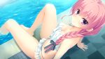  1girl arm_support bikini bikini_skirt blush braid breasts cleavage eyebrows_visible_through_hair from_above game_cg hair_over_shoulder highres kobuichi leaning_back long_hair looking_at_viewer low-tied_long_hair medium_breasts mitsukasa_ayase official_art pink_eyes pink_hair poolside riddle_joker sitting soaking_feet solo swimsuit water 