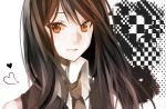  1girl ansatsu_kyoushitsu bangs black_hair checkered checkered_background heart irote kanzaki_yukiko long_hair necktie orange_eyes school_uniform solo 