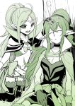  2girls ahoge blush breasts chiki circlet dress fire_emblem fire_emblem:_kakusei fire_emblem:_mystery_of_the_emblem fire_emblem_heroes gloves green_hair hair_ornament highres long_hair mamkute multiple_girls nakabayashi_zun navel nowi_(fire_emblem) open_mouth pointy_ears ponytail short_dress side_slit simple_background smile tiara 