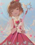  1girl :d alternate_eye_color blue_eyes blue_sky brown_hair card_captor_sakura clouds crown dal_(edalnem) day dress gem gloves head_tilt heart heart_cutout holding holding_wand kinomoto_sakura looking_at_viewer messy_hair open_mouth outdoors petals pinafore_dress pink_dress see-through shiny shiny_hair shirt short_hair sky smile solo upper_teeth wand white_gloves white_shirt white_wings wings 