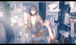  1girl absurdres artist_name bathroom boyshorts brown_eyes brown_hair cardigan cat commentary_request female_pov glasses highres indoors letterboxed light_particles maeda_mic mirror original pov reflection solo sunlight 