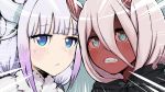  2girls :&lt; amasuzume bared_teeth blue_eyes clenched_teeth commentary_request crossover darling_in_the_franxx emphasis_lines eyebrows_visible_through_hair gradient_hair green_eyes hair_between_eyes highres horns kanna_kamui kobayashi-san_chi_no_maidragon lavender_hair long_hair looking_at_viewer multicolored_hair multiple_girls pink_hair purple_hair red_sclera red_skin teeth zero_two_(darling_in_the_franxx) 