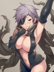  1girl armpits bangs bare_shoulders black_gloves blush breasts brown_eyes character_request closed_mouth commentary_request cowboy_shot elbow_gloves embarrassed eyepatch fingerless_gloves gloves granblue_fantasy grey_background grey_hair highres looking_at_viewer maruto! navel revealing_clothes scarf short_hair simple_background solo standing sweatdrop tanya_(granblue_fantasy) torn_clothes 