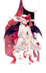  1girl bare_shoulders bat_wings black_wings closed_mouth curtains dress flower full_body hat hat_flower hat_ribbon high_heels highres legs_crossed looking_at_viewer nail_polish red_eyes red_flower red_footwear red_nails red_ribbon red_rose remilia_scarlet ribbon ringocha rose shoes short_hair simple_background sitting smile solo touhou white_background white_dress white_hair white_hat wings 