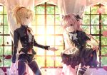  1boy 1girl astolfo_(fate) belt black_bow black_dress black_jacket black_legwear blonde_hair bow braid crossdressinging curtains dress fate/apocrypha fate/grand_order fate_(series) french_braid green_eyes hair_ribbon iroha_(shiki) jacket long_braid mordred_(fate) mordred_(fate)_(all) navel neck_bow one_eye_closed open_mouth pants pink_hair red_bow red_neckwear ribbon short_sleeves single_braid thigh-highs trap violet_eyes window 