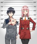  1boy 1girl aqua_eyes barcode_tattoo black_hair black_legwear blue_eyes candy collarbone darling_in_the_franxx eyebrows_visible_through_hair food hair_between_eyes hairband hand_on_hip height_chart highres hiro_(darling_in_the_franxx) horns in_mouth kaz_(kaazzz0416) lineup lollipop long_hair mugshot orange_neckwear pantyhose pink_hair short_hair tattoo uniform white_hairband zero_two_(darling_in_the_franxx) 