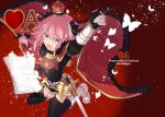  1boy :d arm_up astolfo_(fate) bangs black_bow black_gloves black_legwear black_shirt black_skirt book boots bow braid buckle butterfly citron_82 commentary_request crown dot_nose emblem engrish eyebrows_visible_through_hair fang fate/apocrypha fate_(series) faulds from_above fur-trimmed_cloak fur_collar garter_straps gauntlets gloves gold_trim gorget hair_between_eyes hair_bow hair_intakes hair_over_shoulder hand_up heart holding holding_book index_finger_raised insect knee_boots kneeling long_hair long_sleeves looking_at_viewer looking_up male_focus mini_crown miniskirt multicolored_hair open_mouth outstretched_arm parted_bangs pink_hair puffy_long_sleeves puffy_sleeves ranguage red_background red_cloak shirt silhouette simple_background single_braid skirt sleeve_garters smile solo sparkle spread_legs streaked_hair sword thigh-highs trap two-tone_hair v-shaped_eyebrows violet_eyes weapon white_footwear white_hair zettai_ryouiki 