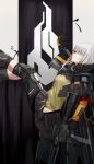  1girl armor assault_rifle bangs belt black_coat black_footwear black_gloves black_legwear black_skirt blunt_bangs boots buckle coat corruption eyepatch feet_on_table flag girls_frontline gloves gun holding holding_gun holding_weapon jacket knee_boots knee_pads kneehighs long_hair looking_at_hand m16a1 m16a1_(girls_frontline) mole mole_under_eye multicolored_hair necktie orange_hair pleated_skirt reclining rifle sangvis_ferri shirt sidelocks sitting skirt solo spoilers streaked_hair trigger_discipline tsuaaa weapon white_hair 