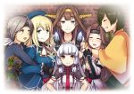  6+girls :d arms_around_neck atago_(kantai_collection) beret black_gloves blonde_hair blush brown_eyes brown_hair chitose_(kantai_collection) closed_eyes commentary_request eyebrows_visible_through_hair gloves glowing green_eyes grey_hair grin hair_ribbon hands_on_another&#039;s_head hat headband hiryuu_(kantai_collection) hug hug_from_behind iwana jintsuu_(kantai_collection) kantai_collection kongou_(kantai_collection) long_hair looking_at_viewer multiple_girls murakumo_(kantai_collection) necktie open_mouth remodel_(kantai_collection) ribbon smile tress_ribbon violet_eyes 
