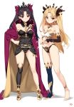  2girls anklet armlet asymmetrical_legwear asymmetrical_sleeves bare_legs bare_shoulders black_dress black_hair black_ribbon blonde_hair blush breasts cape closed_mouth cosplay costume_switch crown dress dual_persona earrings ereshkigal_(fate/grand_order) ereshkigal_(fate/grand_order)_(cosplay) fate/grand_order fate_(series) female full_body hair_ribbon hand_on_hip highres hoop_earrings ishtar_(fate/grand_order) ishtar_(fate/grand_order)_(cosplay) jewelry long_hair looking_at_viewer medium_breasts multiple_girls red_cape red_eyes red_ribbon revealing_clothes ribbon simple_background single_bridal_gauntlet single_sleeve single_thighhigh skull smile standing strapless thigh-highs tiara tohsaka_rin type-moon white_background yang-do 