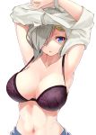  1girl :o absurdres ahoge armpits arms_up blue_eyes bra breasts collarbone eyebrows_visible_through_hair grey_shirt hair_ornament hair_over_one_eye hairclip hamakaze_(kantai_collection) highres kantai_collection large_breasts lifted_by_self looking_at_viewer navel open_mouth purple_bra shaded_face shirt shirt_lift short_hair shunichi silver_hair simple_background solo stomach strap_gap tsurime underwear undressing upper_body white_background 