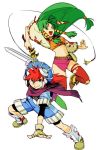  1boy 1girl :d armored_boots belt blue_eyes blue_shorts boots closed_mouth commentary_request feena_(grandia) fighting_stance fingerless_gloves floating_hair gloves grandia grandia_i green_eyes green_hair hair_tubes hankuri hat holding holding_sword holding_weapon jumping justin_(grandia) legs_apart looking_at_viewer microskirt navel open_mouth red_legwear redhead scabbard scarf sheath shoes shorts simple_background skirt smile sword thigh-highs weapon white_background wide_sleeves yellow_gloves 