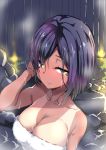  1girl arm_up backlighting bare_arms bare_shoulders black_hair blush breasts cleavage closed_mouth collarbone fence hair_over_one_eye hand_in_hair kaname_nagi large_breasts looking_at_viewer mole mole_under_eye naked_towel nijisanji one-piece_tan onsen outdoors rock shiny shiny_hair shizuka_rin short_hair smile solo tan tanline towel upper_body virtual_youtuber wooden_fence yellow_eyes 