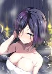  1girl arm_up backlighting bare_arms bare_shoulders black_hair blush breasts cleavage closed_mouth collarbone fence hair_over_one_eye hand_in_hair kaname_nagi large_breasts looking_at_viewer mole mole_under_eye naked_towel nijisanji onsen outdoors rock shiny shiny_hair shizuka_rin short_hair smile solo towel upper_body virtual_youtuber wooden_fence yellow_eyes 