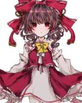  1girl blush bow commentary_request dress hair_between_eyes hair_ribbon hakurei_reimu long_hair long_sleeves looking_at_viewer multicolored multicolored_clothes multicolored_dress red_bow red_eyes red_ribbon redhead ribbon sato_imo solo touhou white_background yellow_bow 