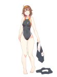  1girl :d ahoge brown_eyes brown_hair clothes_removed commentary competition_swimsuit full_body gluteal_fold hairband highres kantai_collection one-piece_swimsuit open_mouth shiratsuyu_(kantai_collection) short_hair simple_background smile solo standing swimsuit white_background yuuji_(and) 