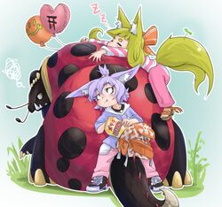  2girls :t =_= animal animal_ears backpack backpack_removed bag balloon bangs blonde_hair blush brown_footwear chips closed_eyes dog_child_(doitsuken) dog_ears doitsuken eating eyebrows_visible_through_hair food fox_child_(doitsuken) fox_ears grass high_ponytail highres hood hood_down hoodie hug insect ladybug looking_up multiple_girls multiple_tails original outdoors oversized_animal pants pink_pants purple_hair red_eyes sandals shirt shoes short_hair slit_pupils smile squiggle striped striped_shirt tail torii two_tails zzz 