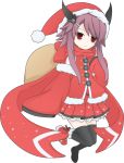  1girl adapted_costume asymmetrical_footwear black_legwear black_ribbon boots carrying_bag carrying_over_shoulder detached_sleeves expressionless full_body fur_trim hair_ornament hair_ribbon hairclip hat highres long_scarf looking_at_viewer mondaiji-tachi_ga_isekai_kara_kuru_sou_desu_yo? pest_(mondaiji) purple_hair red_eyes red_footwear red_scarf red_shirt red_skirt redhead ribbon santa_costume santa_hat scarf shirt short_hair_with_long_locks simple_background skirt solo thigh-highs white_background 