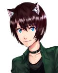  1girl animal_ears bai_wang bangs belt_collar black_shirt blue_eyes brown_hair cat_ears closed_mouth commentary_request eyebrows_visible_through_hair green_jacket jacket looking_at_viewer original shirt simple_background smile solo upper_body white_background 