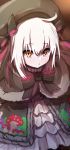  1girl absurdres ahoge bangs beret black_bow black_capelet black_dress black_hat blush bow brown_eyes capelet closed_mouth commentary_request cosplay dress eyebrows_visible_through_hair fate/extra fate/grand_order fate_(series) food_print fur-trimmed_capelet fur_trim gothic_lolita hair_between_eyes hat hat_bow highres jeanne_d&#039;arc_(fate)_(all) jeanne_d&#039;arc_alter_santa_lily lolita_fashion long_hair looking_at_viewer mushroom_print nursery_rhyme_(fate/extra) nursery_rhyme_(fate/extra)_(cosplay) print_dress silver_hair solo striped striped_bow wada_kazu 
