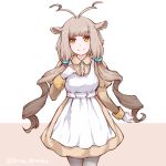  1girl apron bangs brown_hair closed_mouth collared_dress commentary cowboy_shot disco_brando dress english_commentary eyebrows_visible_through_hair goat_ears goat_horns grey_legwear hand_up highres horns kemono_friends long_hair looking_at_viewer low-tied_long_hair markhor_(kemono_friends) orange_eyes pantyhose smile solo standing twitter_username yellow_dress 