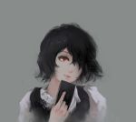  1girl black_hair character_request closed_mouth commentary_request grey_background hair_over_one_eye head_tilt highres holding looking_at_viewer portrait puffy_sleeves red_eyes short_hair simple_background solo tokyo_ghoul zzz_(orchid-dale) 